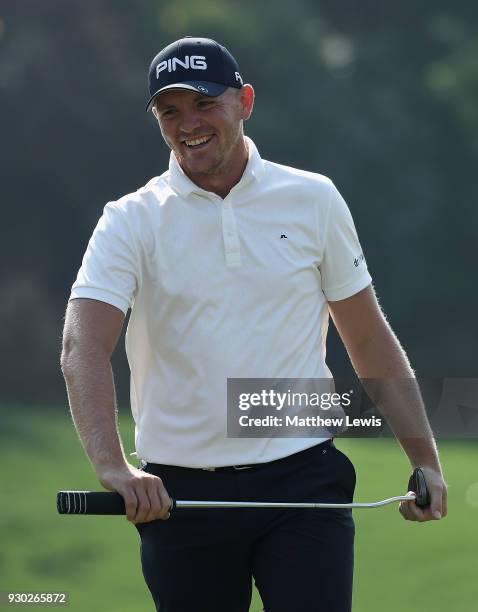 Matt Wallace of England reacts after nearly making a putt on the 3rd green during day four of the Hero Indian Open at Dlf Golf and Country Club on...