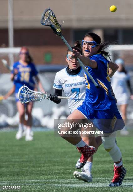 Hofstra Alexa Mattera chases after the ball during a women's college Lacrosse game between the Johns Hopkins Blue Jays and the Hofstra Pride on March...