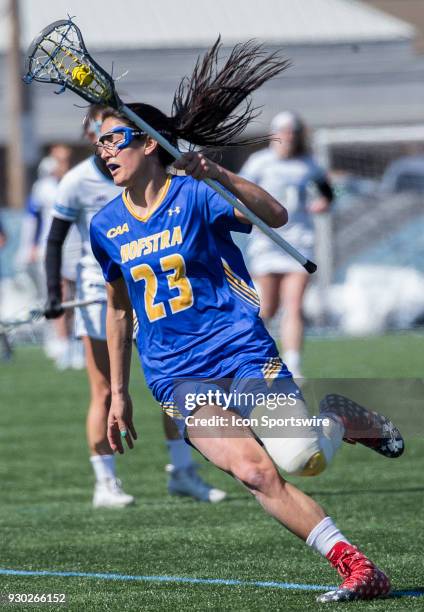 Hofstra Alexa Mattera on the attack during a women's college Lacrosse game between the Johns Hopkins Blue Jays and the Hofstra Pride on March 10 at...