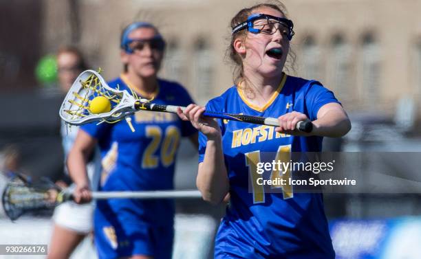 Hofstra Megan Motkowski winds up for a shot during a women's college Lacrosse game between the Johns Hopkins Blue Jays and the Hofstra Pride on March...