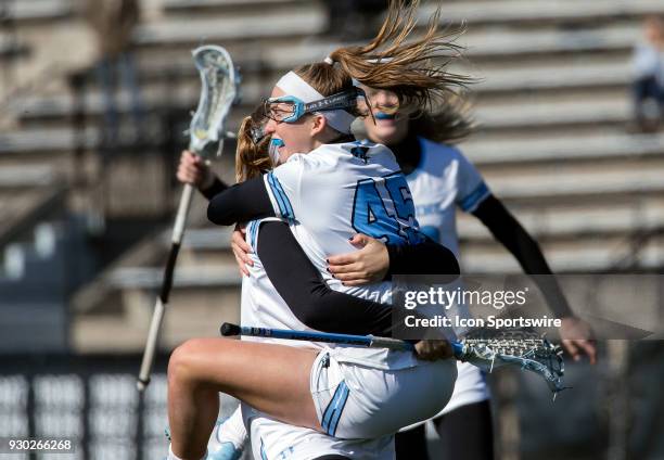 Johns Hopkins Aurora Cordingley celebrates after a goal during a women's college Lacrosse game between the Johns Hopkins Blue Jays and the Hofstra...