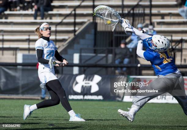 Hofstra Maddie Fields makes a save during a women's college Lacrosse game between the Johns Hopkins Blue Jays and the Hofstra Pride on March 10 at...