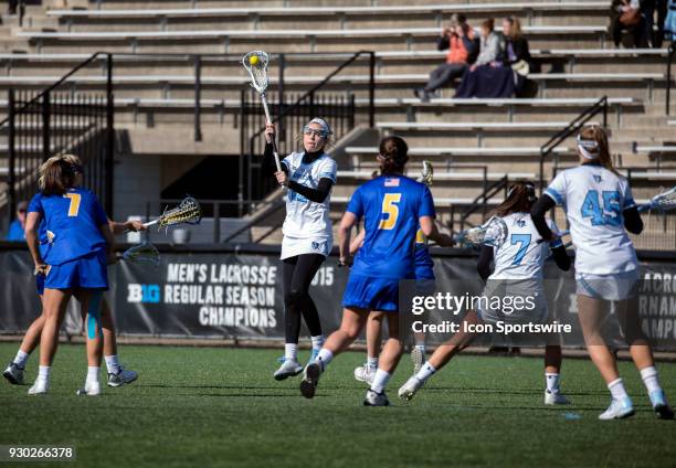 Johns Hopkins Shannon Fitzgerald sets up a pass during a women's college Lacrosse game between the Johns Hopkins Blue Jays and the Hofstra Pride on...