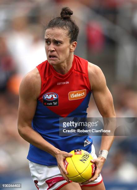 Harriet Cordner of the Demons controls the ball during the round six AFLW match between the Carlton Blues and the Melbourne Demons at Ikon Park on...