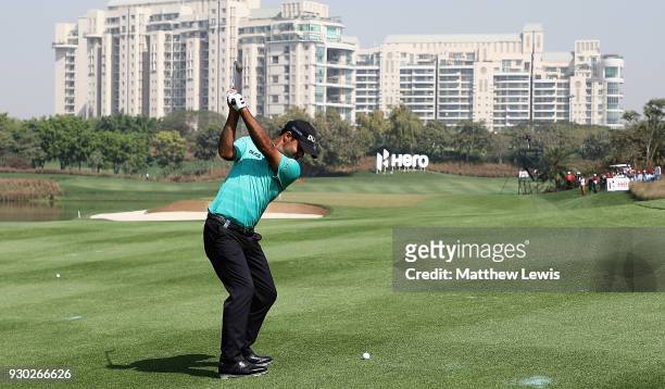 Shubhankar Sharma of India plays his second shot from the6th fairway during day four of the Hero Indian Open at Dlf Golf and Country Club on March...