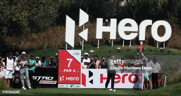 Matt Wallace of England tees off on the 7th hole during day four of the Hero Indian Open at Dlf Golf and Country Club on March 11, 2018 in New Delhi,...