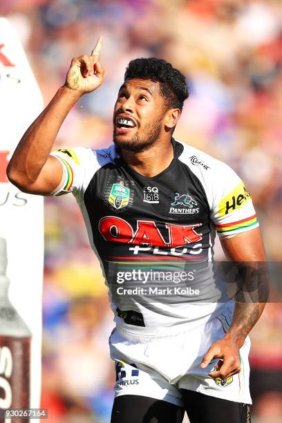 Waqa Blake of the Panthers celebrates scoring a try during the round one NRL match between the Penrith Panthers and the Parramatta Eels at Panthers...