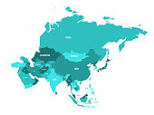 Political map of Asia continent in shades of turquoise blue. Vector illustration