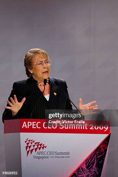 Chile's President Michelle Bachelet attends the first day of the Asia Pacific Economic Cooperation CEO Summit at the Suntec Singapore International...