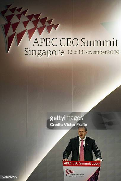 New Zealand's Prime Minister John Key attends the first day of the Asia Pacific Economic Cooperation CEO Summit at the Suntec Singapore International...