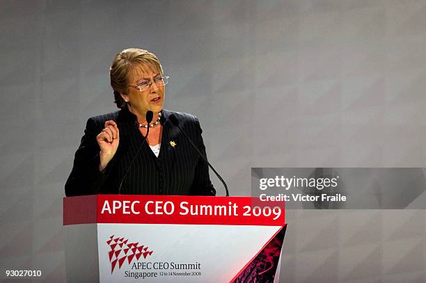 Chile's President Michelle Bachelet attends the first day of the Asia Pacific Economic Cooperation CEO Summit at the Suntec Singapore International...