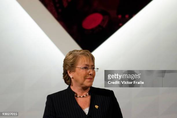 Chile's President Michelle Bachelet attends the first day of the Asia Pacific Economic Cooperation CEO Summit at the Suntec Singapore International...