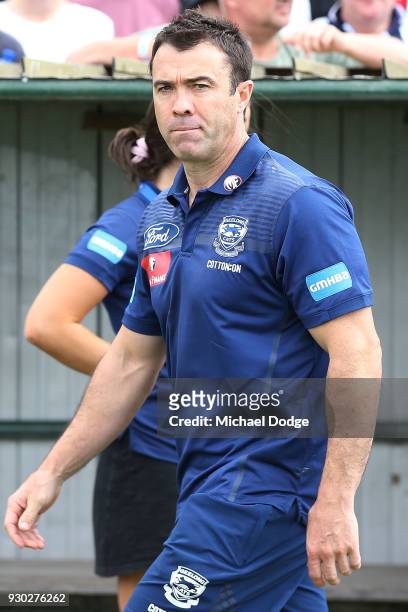 Cats head coach Chris Scott looks upfield during the JLT Community Series AFL match between the Geelong Cats and the Essendon Bombers at Central...
