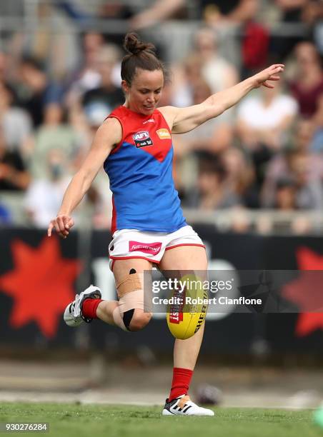 Daisy Pearce of the Demons kicks the ball during the round six AFLW match between the Carlton Blues and the Melbourne Demons at Ikon Park on March...