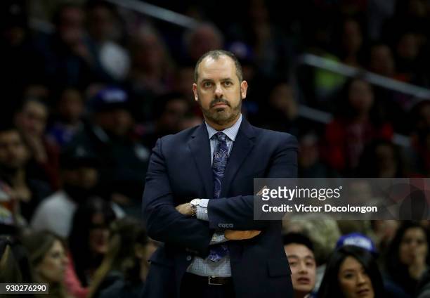 Head coach Frank Vogel of the Orlando Magic looks on from the side line during the second half of the NBA game between the Orlando Magic and the Los...