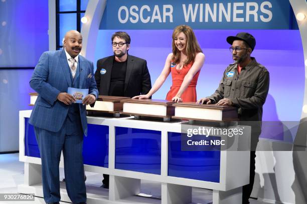 Episode 1740 "Sterling K. Brown" -- Pictured: Kenan Thomson as Steve Harvey,Beck Bennett as Guillermo del Toro, Heidi Gardner as Allison Williams,...