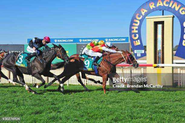 Ribbon of Choice ridden by Cory Parish wins the Independent Cranes BM64 Handicap at Echuca Racecourse on March 11, 2018 in Echuca, Australia.