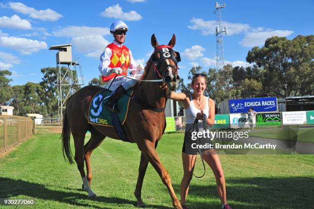 Ribbon of Choice ridden by Cory Parish returns to the mounting yard after winning the Independent Cranes BM64 Handicap at Echuca Racecourse on March...