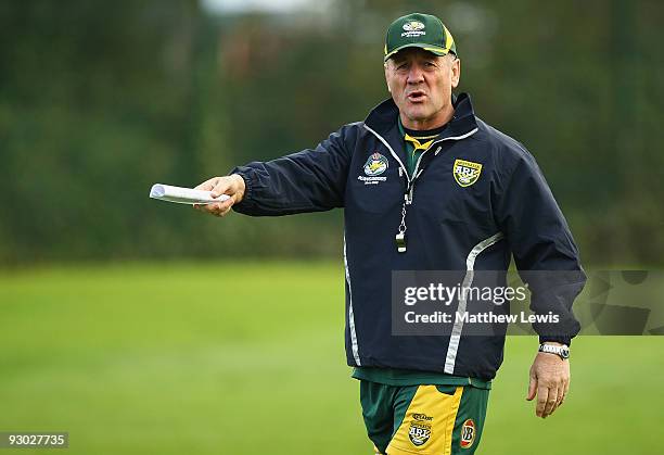 Tim Sheens, Coach of the VB Kangaroos Australian Rugby League Team gestures during a training session at Leeds Rugby Academy on November 13, 2009 in...