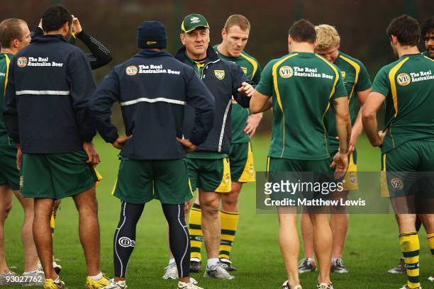Tim Sheens, Coach of the VB Kangaroos Australian Rugby League Team speaks to his team during a training session at Leeds Rugby Academy on November...