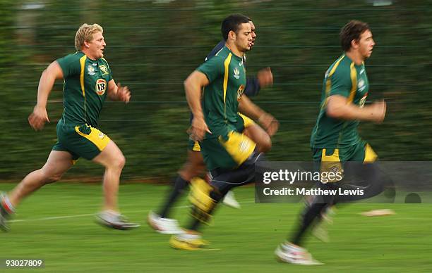 Ben Hannant, Jarryd Hayne and Kurt Gidley of the VB Kangaroos Australian Rugby League Team in action during a training session at Leeds Rugby Academy...