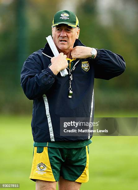 Tim Sheens, Coach of the VB Kangaroos Australian Rugby League Team looks on during a training session at Leeds Rugby Academy on November 13, 2009 in...