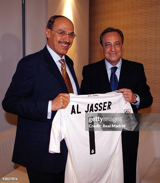 President Muhammed Al Jasser and Club President Florentino Perez attend a press conference to annonuce a new four year sponsorship deal between Real...