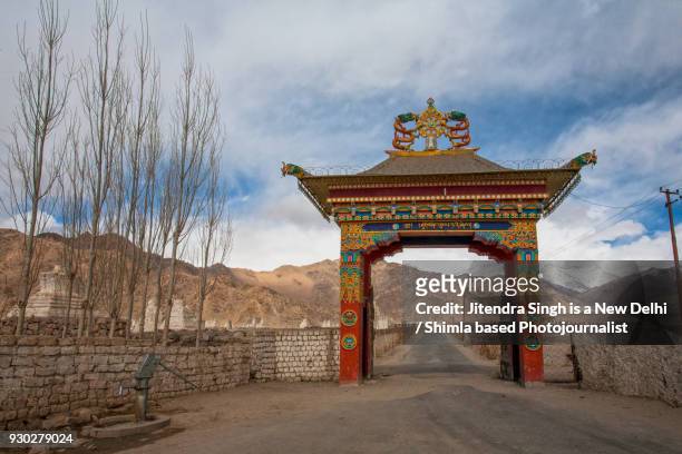 main gate of naropa photang nunnery in shey, ladakh, india - driveway gate stock pictures, royalty-free photos & images