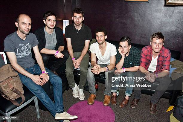 Jamie Levinson, Alex Even, Brian Betancourt, Matthew Clark, Gregory Roberts and Stephen Patterson of White Rabbits in their backstage dressing room...