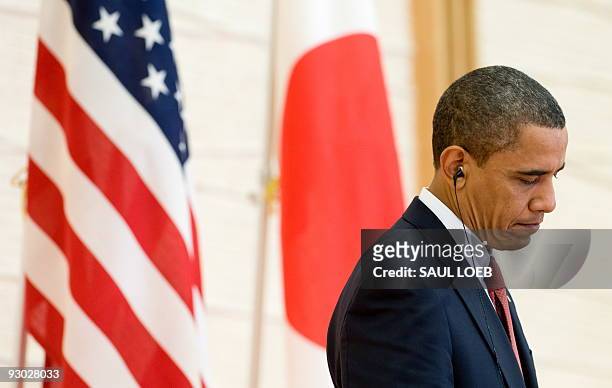 President Barack Obama attends a joint press conference with Japanese Prime Minister Yukio Hatoyama at Kantei, the Prime Minister's office and...