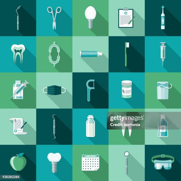 ilustraciones, imágenes clip art, dibujos animados e iconos de stock de conjunto de iconos de diseño plano de odontólogos con sombra lateral - dentista