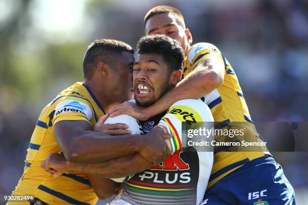 Waqa Blake of the Panthers is tackled during the round one NRL match between the Penrith Panthers and the Parramatta Eels at Panthers Stadium on...