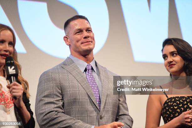 Leslie Mann, John Cena, and Geraldine Viswanathan, attend the "Blockers" Premiere 2018 SXSW Conference and Festivals at Paramount Theatre on March...