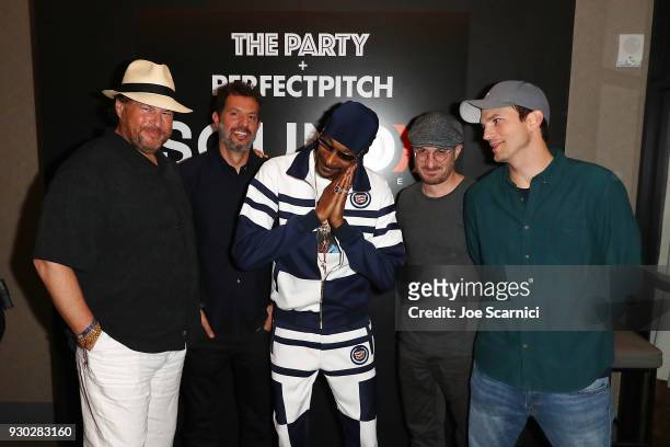 Marc Benioff, Guy Oseary, Snoop Dogg, Darren Aronofsky and Ashton Kutcher pose for a photo at the Sound Ventures "The Party" at Hotel Van Zandt on...