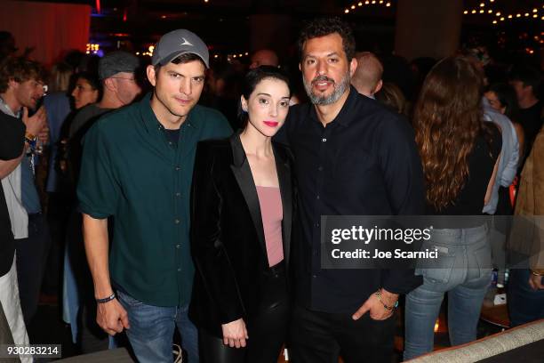 Ashton Kutcher, St. Vincent and Guy Oseary attend the Sound Ventures "The Party" at Hotel Van Zandt on March 10, 2018 in Austin, Texas.