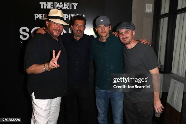 Marc Benioff, Guy Oseary, Ashton Kutcher and Darren Aronofsky pose for a photo at the Sound Ventures "The Party" at Hotel Van Zandt on March 10, 2018...