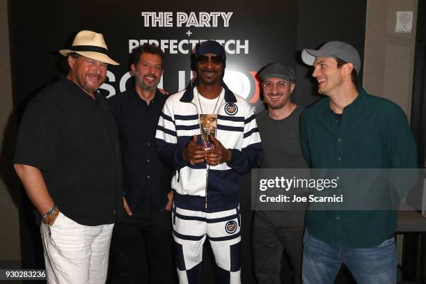 Marc Benioff, Guy Oseary, Snoop Dogg, Darren Aronofsky and Ashton Kutcher pose for a photo at the Sound Ventures "The Party" at Hotel Van Zandt on...