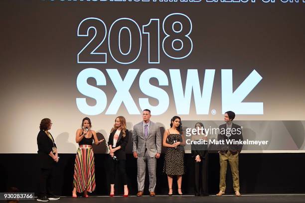 Film Festival Director Janet Pierson, Kay Cannon, Leslie Mann, John Cena, Geraldine Viswanathan, Gideon Adlon, and Miles Robbins attend the...