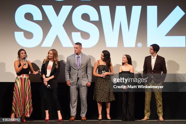 Kay Cannon, Leslie Mann, John Cena, Geraldine Viswanathan, Gideon Adlon, and Miles Robbins attend the "Blockers" Premiere 2018 SXSW Conference and...