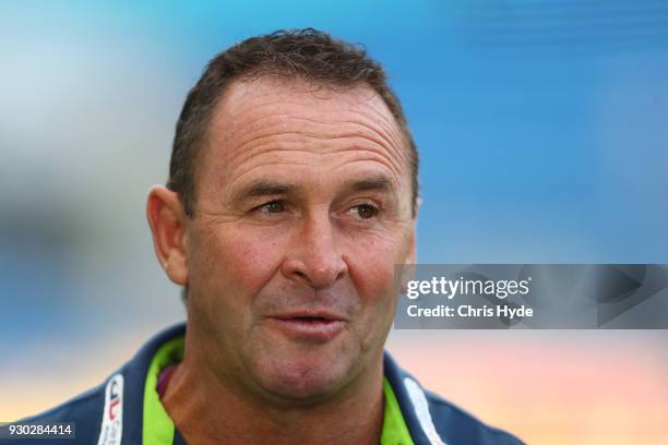 Raiders coach Ricky Stuart looks on before the round one NRL match between the Gold Coast Titans and the Canberra Raiders at Cbus Super Stadium on...