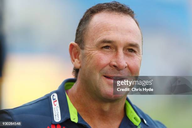 Raiders coach Ricky Stuart looks on before the round one NRL match between the Gold Coast Titans and the Canberra Raiders at Cbus Super Stadium on...