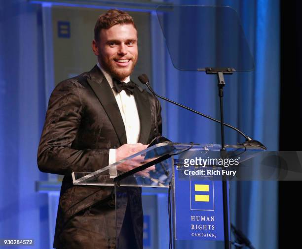 Gus Kenworthy speaks onstage at The Human Rights Campaign 2018 Los Angeles Gala Dinner at JW Marriott Los Angeles at L.A. LIVE on March 10, 2018 in...
