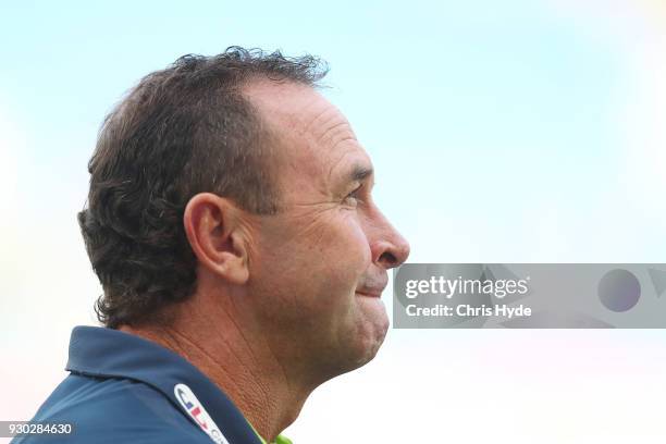 Raiders coach Ricky Stuart looks on before the round one NRL match between the Gold Coast Titans and the Canberra Raiders at Cbus Super Stadium on...