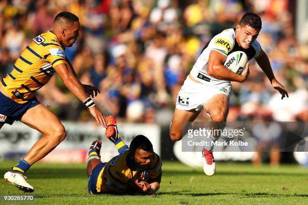 Nathan Cleary of the Panthers makes a break during the round one NRL match between the Penrith Panthers and the Parramatta Eels at Panthers Stadium...