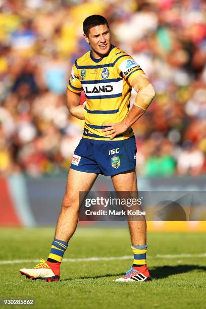 Mitchell Moses of the Eels looks dejected after being sin binned during the round one NRL match between the Penrith Panthers and the Parramatta Eels...