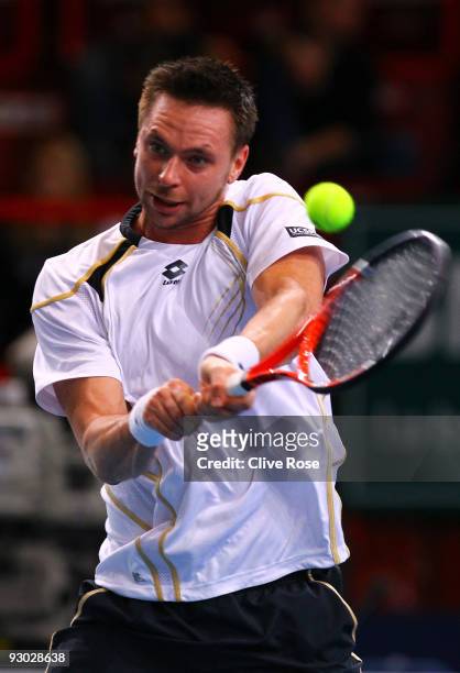 Robin Soderling of Sweden in action during his match against Novak Djokovic of Serbia during the ATP Masters Series at the Palais Omnisports De...