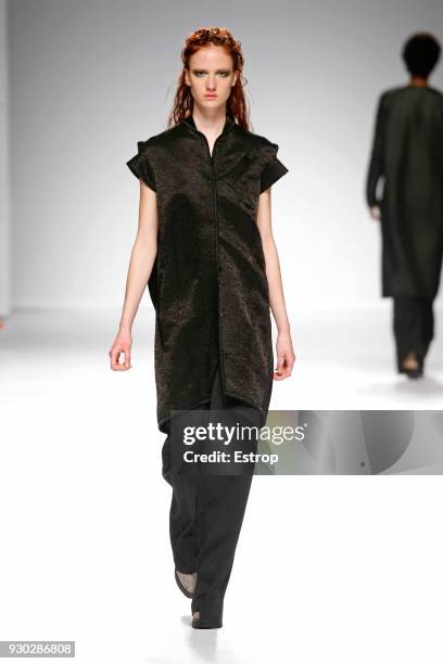 Model walks the runway during the Aleksandar Protic show as part of the Lisboa Fashion Week ‘Moda Lisboa’ 2018 on March 9, 2018 in Lisbon, Portugal.