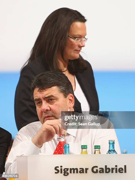 New General Secretary designate Andrea Nahles and new Chairman designate Sigmar Gabriel of the German Social Democratic Party attend the SPD party...