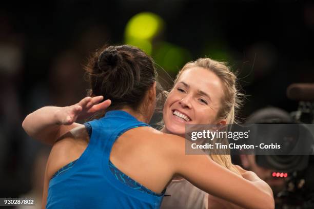 Elina Svitolina of the Ukraine is congratulated by Shuai Zhang of China after winning the Tie Break Tens Tennis Tournament at Madison Square Garden...