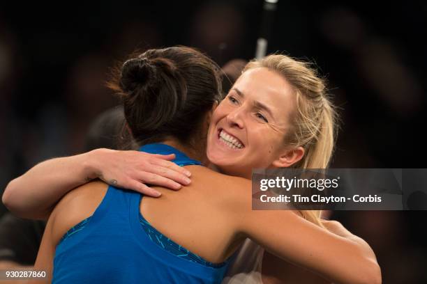 Elina Svitolina of the Ukraine is congratulated by Shuai Zhang of China after winning the Tie Break Tens Tennis Tournament at Madison Square Garden...